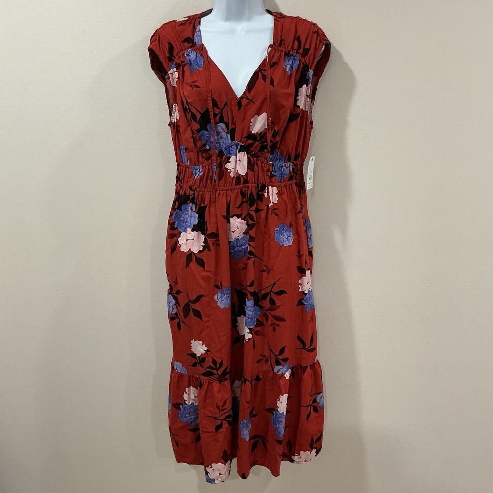 Time and Tru Women's Brown Floral Midi Dress Size Medium Cap Sleeves Tiered